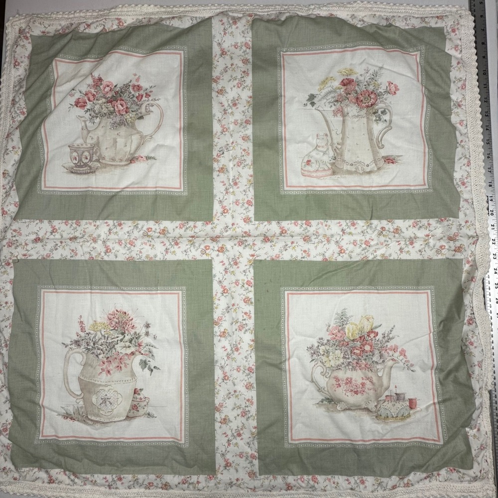 Vintage Floral Teapot Crochet Lace Trim Square Tablecloth Sage Green 35x35